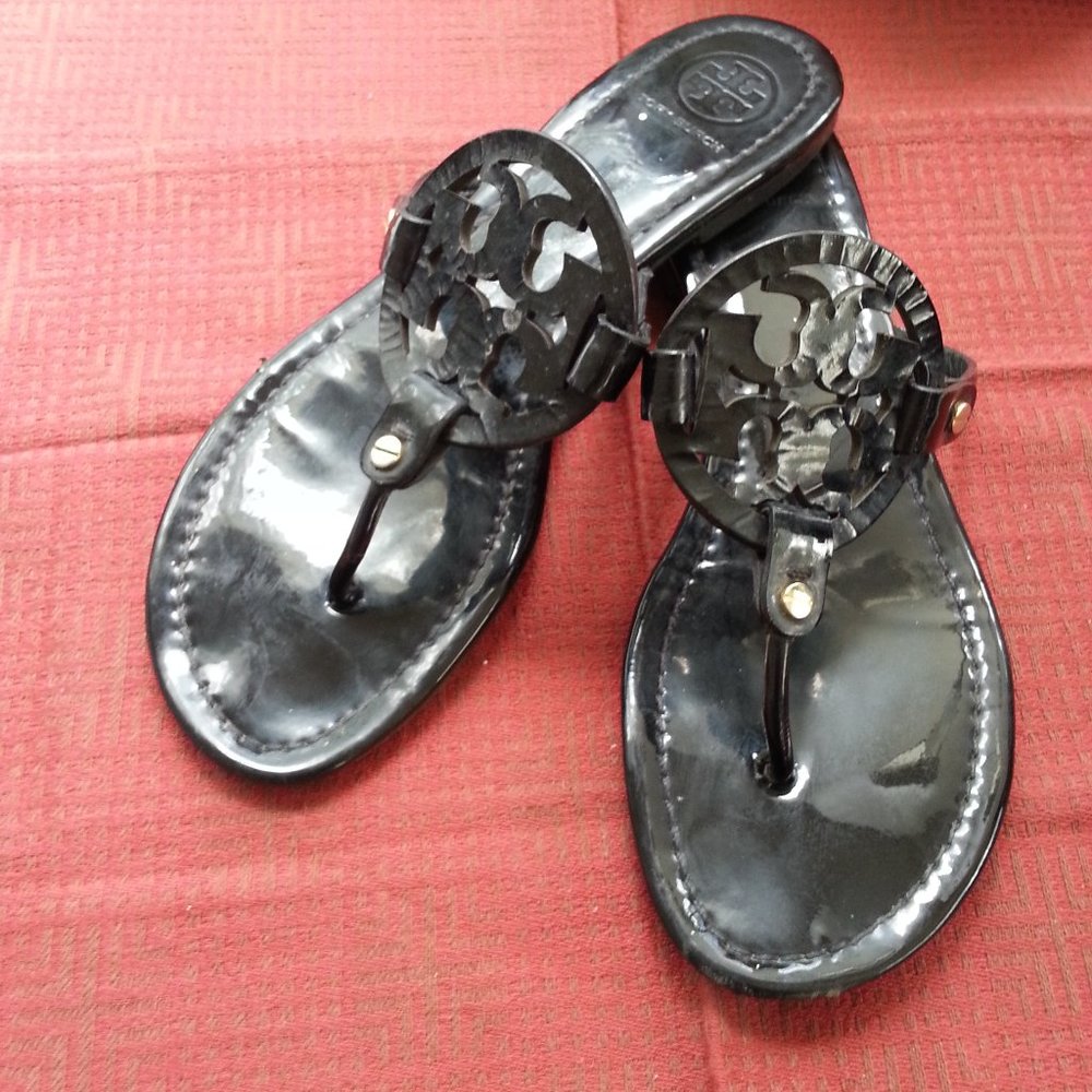 Tory Burch Black Patent Miller Sandals Worn